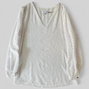 Calvin Klein Women's White Top Long Sleeves V Neck Size-XS Blouse
